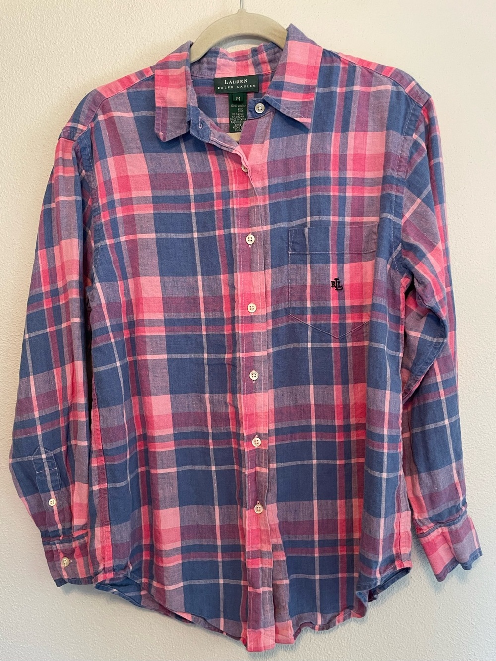 Lauren Ralph Lauren Pink & Blue Plaid Button-Up Linen Shirt Medium